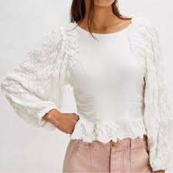 Free People NWT White Long Sleeve Ruffled Peplum Cottagecore Boho chic Romantic - Picture 1 of 9